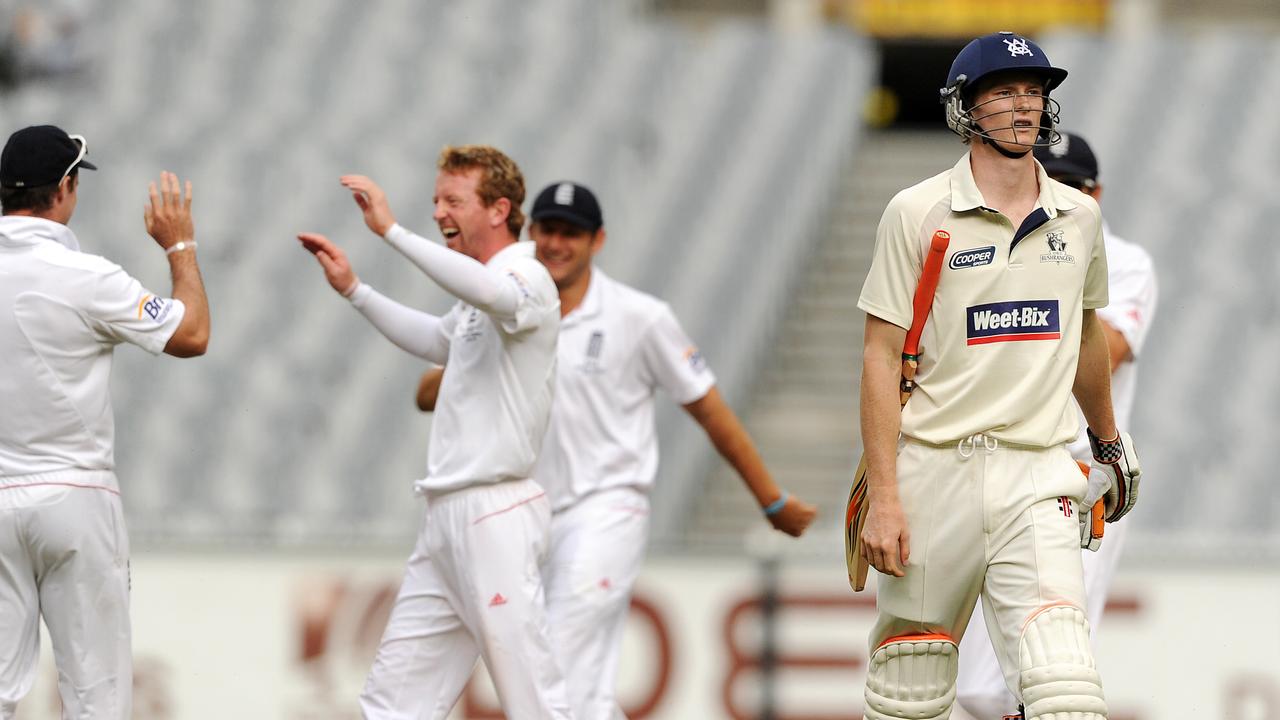 Paul Collingwood celebrates the wicket of Alex Keath (right) in a tour match between Victoria and England at the MCG in 2010. Picture: Colleen Petch