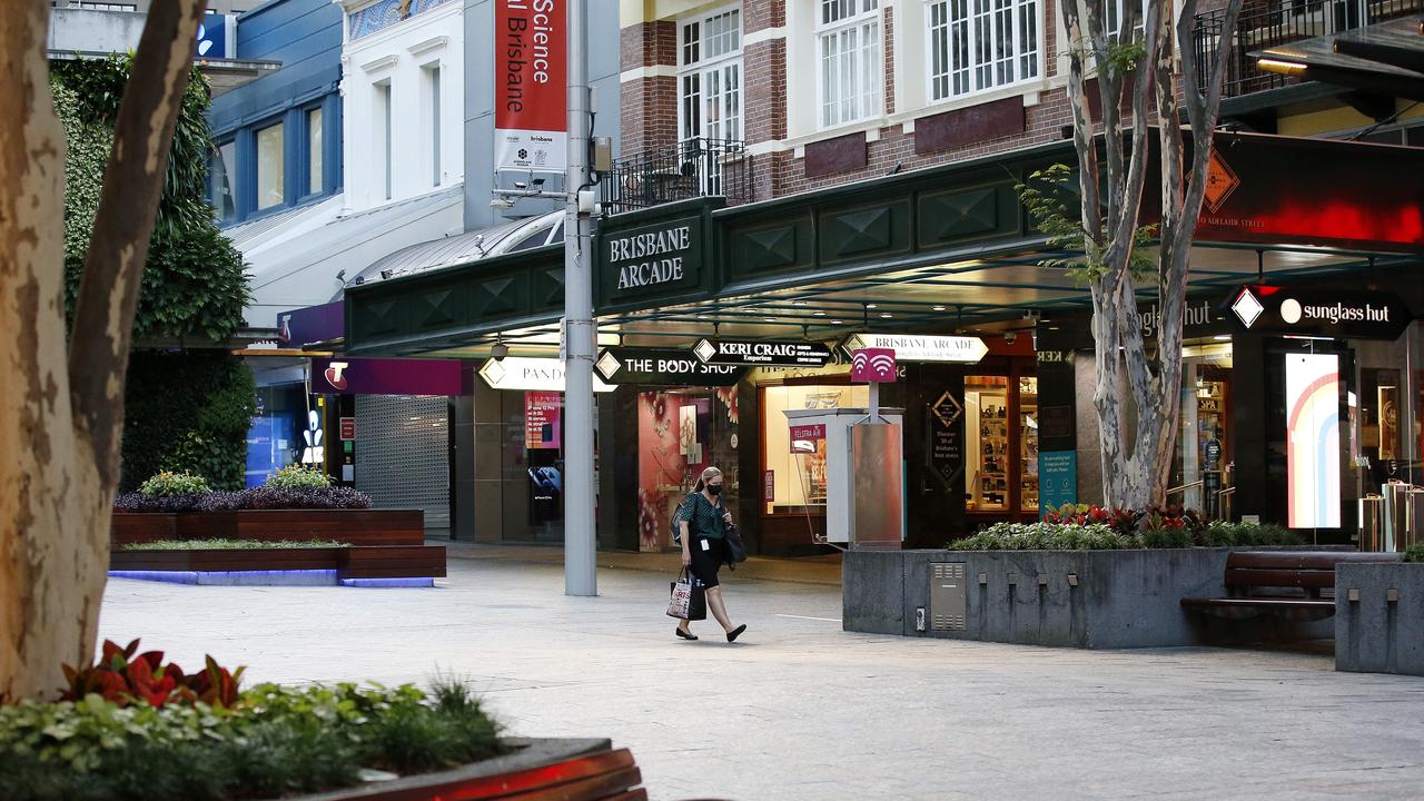 The Brisbane CBD resembles a ghost town after the Greater Brisbane region went into lockdown from 5pm Monday. Picture: Josh Woning