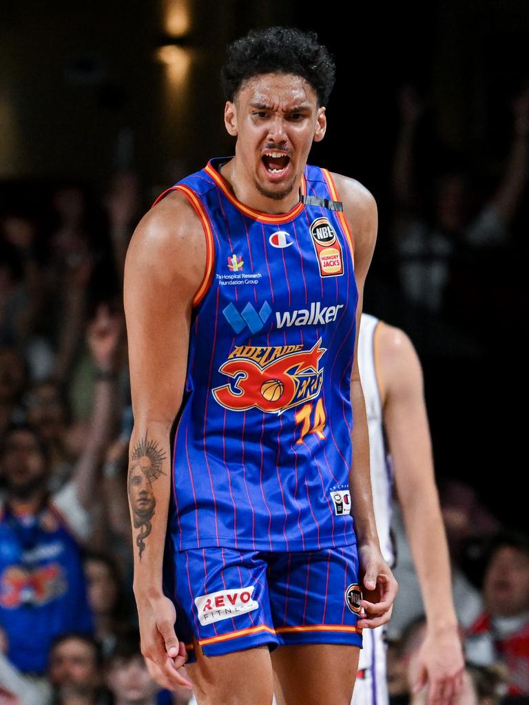 Kyrin Galloway previously of the 36ers celebrates shooting a three during the round 18 NBL match between Adelaide 36ers and Sydney Kings at Adelaide Entertainment Centre, on February 02, 2024, in Adelaide, Australia. (Photo by Mark Brake/Getty Images)