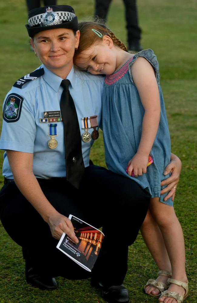 National Police Remembrance Candlelight Vigil 2023 at the Rockpool, Townsville. Senior Constable Bridget Uirarte with Eleanor, 5. Picture: Evan Morgan