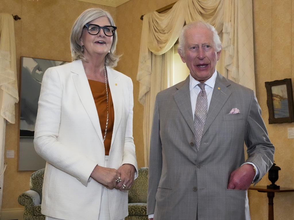 King Charles III greets Governor-General of Australia Sam Mostyn at Admiralty House. Picture: Getty