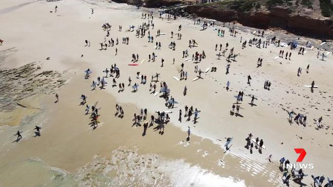 Surfers gather on the shore at Seaford. Picture: 7NEWS