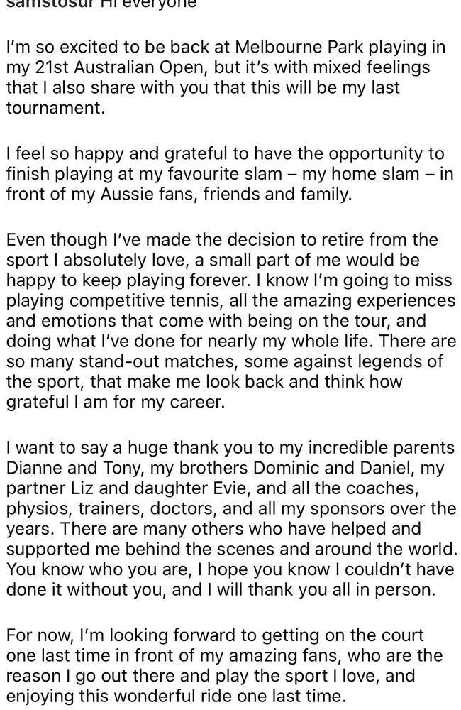 Former World No.4 Sam Stosur has revealed the 2023 Australian Open will be her last. Picture: Instagram.