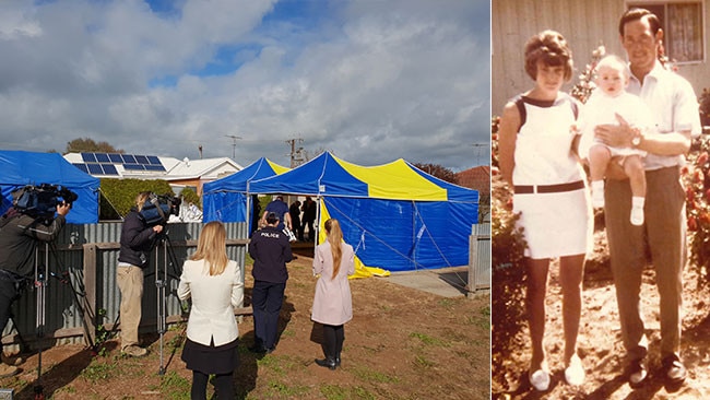 Police dig for Colleen Adams’ remains (left) and right Mr and Mrs Adams with a child. Pictures: Supplied