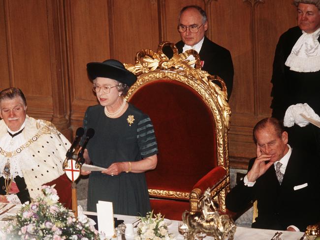 The Queen makes a speech at Guildhall on her 40th Anniversary in 1992 – the "Annus Horribilis". Picture: Getty Images