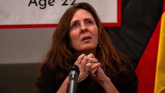 Ricarda Louk, the mother of Shani Louk, 22, who was kidnapped by Hamas during the attack on October 7th, speaks to members of the media following a meeting with German Chancellor Olaf Scholz on October 17, 2023 in Tel Aviv, Israel. Picture: Alexi J. Rosenfeld/Getty Images