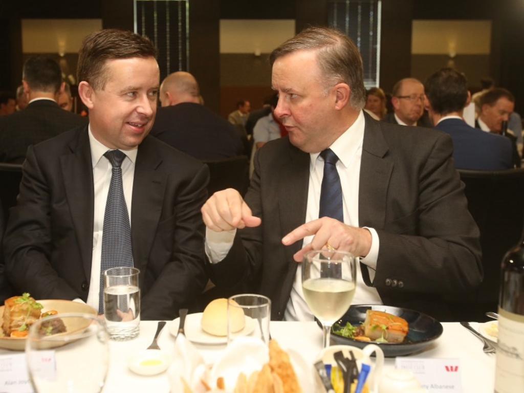 Alan Joyce with MP Anthony Albanese prior to an address at the National Press Club in Canberra. 14th October 2015. Picture: Gary Ramage