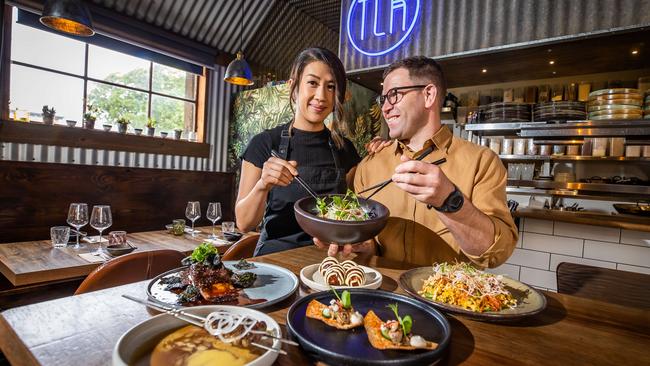 The Little Rickshaw owners Trinh and Michael Richards with a selection of share-style dishes at the restaurant in Aldinga. Picture: Tom Huntley