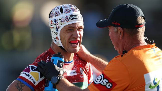 Kalyn Ponga’s time at five-eighth is over, with the Knights star returning to fullback following his latest head knock. Picture: Mark Kolbe / Getty Images