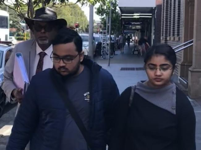 Vansh Khanna, 19, outside Manly Local Court on Thursday, with his sister and lawyer Hemant Prakhash, before he was sentenced for a string of charges related to three schoolboys struck by the Uber eats car he was driving on a pedestrian crossing at Crows Nest. Picture: Jim O'Rourke