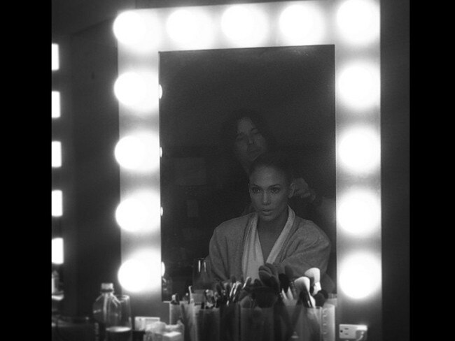 Jennifer Lopez at the Oscars 2015 via Instagram, “#BTS #TheDreamTeam #HairOnFleek #Oscars #Oscars2015”