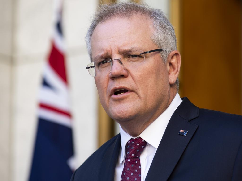 Prime Minister Scott Morrison addresses reporters at Parliament House after Friday’s National Cabinet meeting. Picture: NCA NewsWire/Martin Ollman