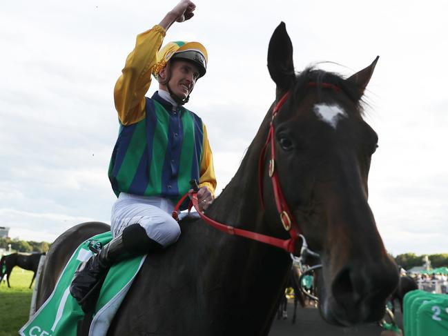 SYDNEY, AUSTRALIA - OCTOBER 05: Chad Schofield riding Ceolwulf wins Race 9 TAB Epsom  during Sydney Racing at Royal Randwick Racecourse on October 05, 2024 in Sydney, Australia. (Photo by Jeremy Ng/Getty Images)