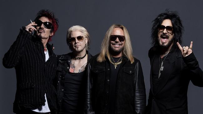 American hard rock band Motley Crue, which is touring Australia in November 2023 on a co-headline tour with Def Leppard. L-R: Tommy Lee (drums), John 5 (guitar), Vince Neil (vocals) and Nikki Sixx (bass). Picture: Ross Halfin