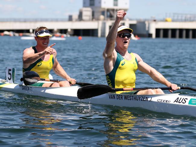 TOKYO, JAPAN – AUGUST 05: Jean van der Westhuyzen and Thomas Green of Team Australia celebrate winning the gold medal following the Men's Kayak Double 1000m Final A on day thirteen of the Tokyo 2020 Olympic Games at Sea Forest Waterway on August 05, 2021 in Tokyo, Japan. (Photo by Naomi Baker/Getty Images)