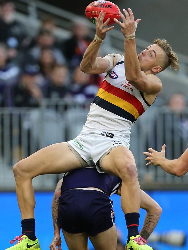 Hugh Greenwood takes a big grab for the Crows at Perth’s Optus Stadium in their loss to Fremantle. Picture: Paul Kane/Getty Images