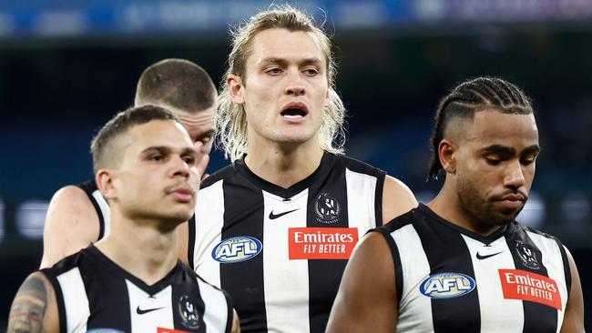 MELBOURNE, AUSTRALIA - JULY 12: Darcy Moore of the Magpies looks dejected after a loss during the 2024 AFL Round 18 match between the Collingwood Magpies and the Geelong Cats at Melbourne Cricket Ground on July 12, 2024 in Melbourne, Australia. (Photo by Michael Willson/AFL Photos via Getty Images)