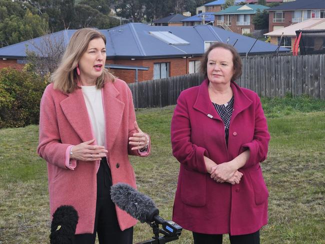 Federal housing minister Julie Collins and Labor Senator Carol Brown at Chigwell on Thursday, July 11, 2024.