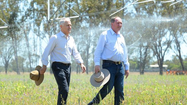 Then-Prime Minister Malcolm Turnbull and Deputy Prime Minister Barnaby Joyce (2013) tour a farm on the outskirts of Rockhampton to talk about infrastructure spending including the proposed Rookwood Weir.