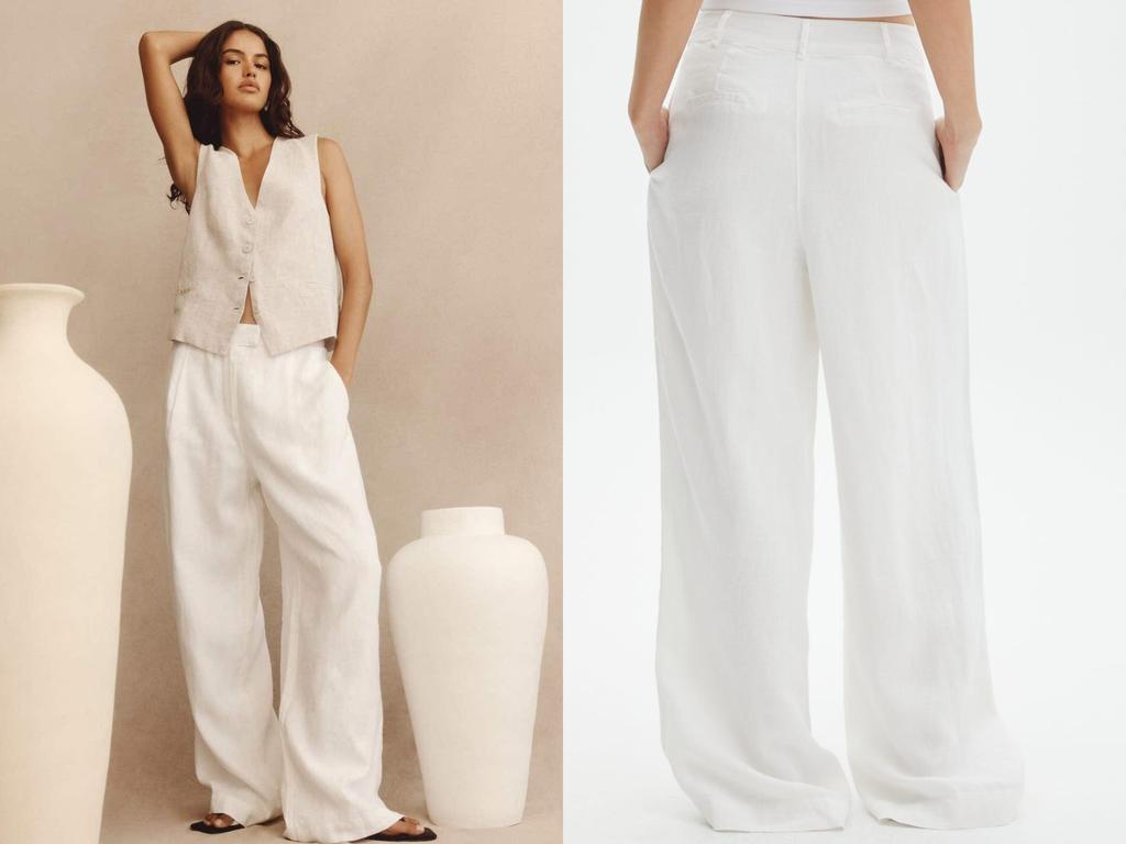 White Wide Leg Linen Pants for Women, Causal Zipper Button Closure
