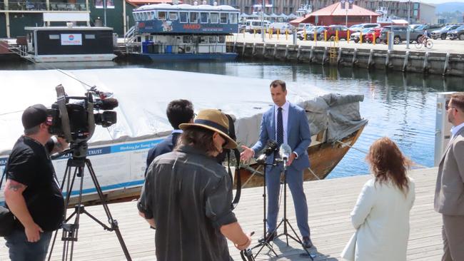 Labor's Josh Willie speaks to the media on the Hobart waterfront on Tuesday, January 21, 2025.