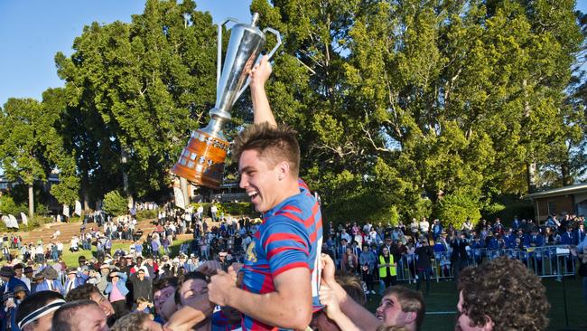 Mac Grealy, captain of Downlands celebrate the win in the O'Callaghan Cup, Downlands vs TGS. Saturday, 27th Jul, 2019.