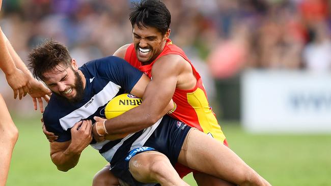 Aaron Hall lays a tackle on James Parsons. Picture: Getty Images