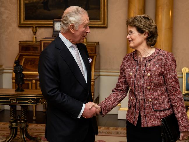 King Charles III shakes hands with the Governor of South Australia, Frances Adamson at Buckingham Palace, London. Picture: Aaron Chown / POOL / AFP