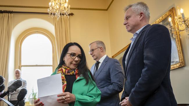 Indigenous Australians Minister Linda Burney, Prime Minister Anthony Albanese and Tasmanian Premier Jeremy Rockliff in Hobart. Picture: Chris Kidd