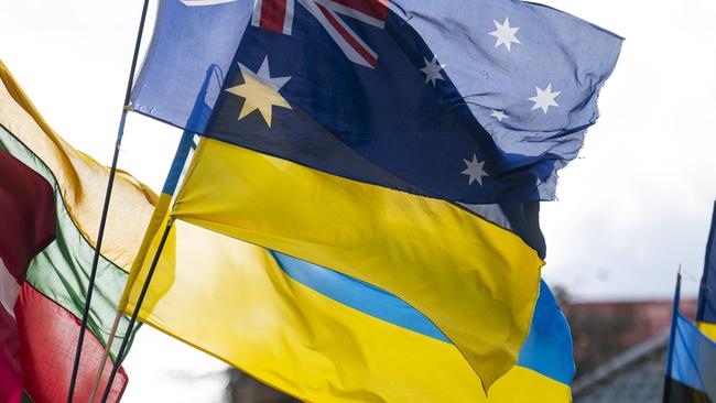 CANBERRA, AUSTRALIA, NewsWire Photos. JUNE 24, 2023: Protestors from the Friends of Ukraine group outside the Russian Embassy in Canberra. Picture: NCA NewsWire / Martin Ollman