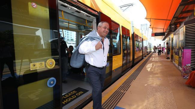 Mayor Tom Tate arrives by GLink at Broadbeach to the press conference  announcing extra funding by the Federal Government for Stage three of the Light Rail. Picture Glenn Hampson