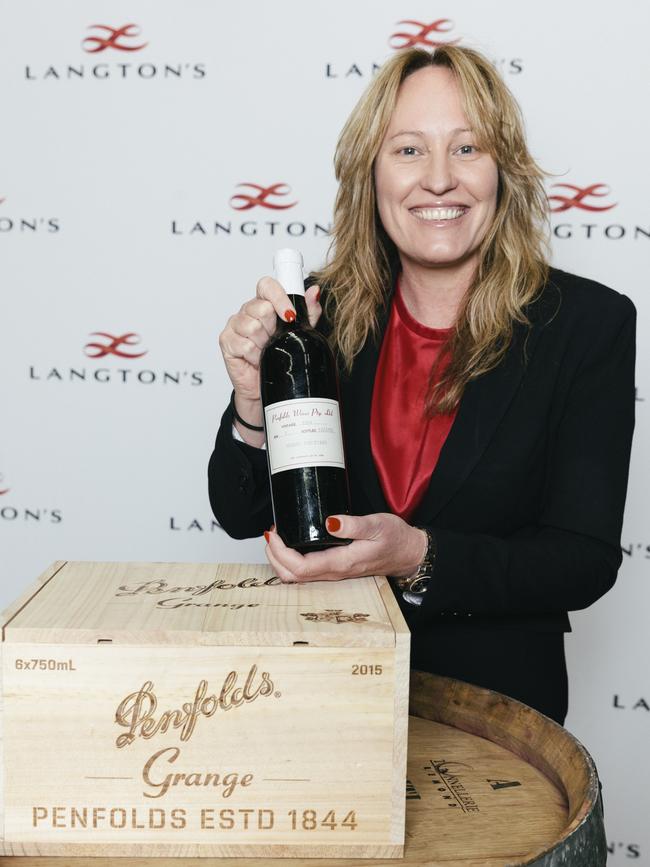 Managing director of fine wine retailer Langton’s Tamara Grischy Langton with the wine in question. Picture: Supplied/Endeavour Drinks