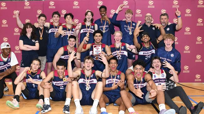 Brisbane State High School celebrating the 2022 CBSQ championship. Picture: Highflyer Images/Basketball Qld