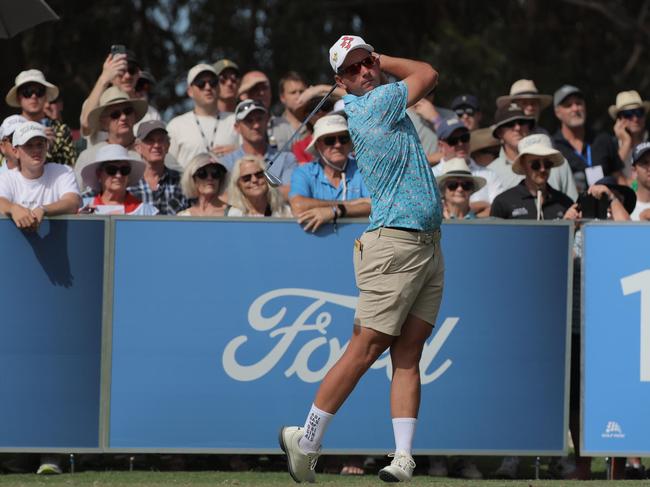 Lucas Herbert tees off during round 2 of the 2024 NSW Open at Murray Downs. Photo: NSW Golf / Scott Campbell