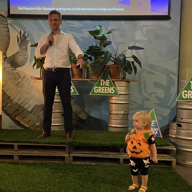 Michael Berkman with his daughter Juniper, dressed up in Halloween theme at the Greens party at Milton’s Newstead Brewery.