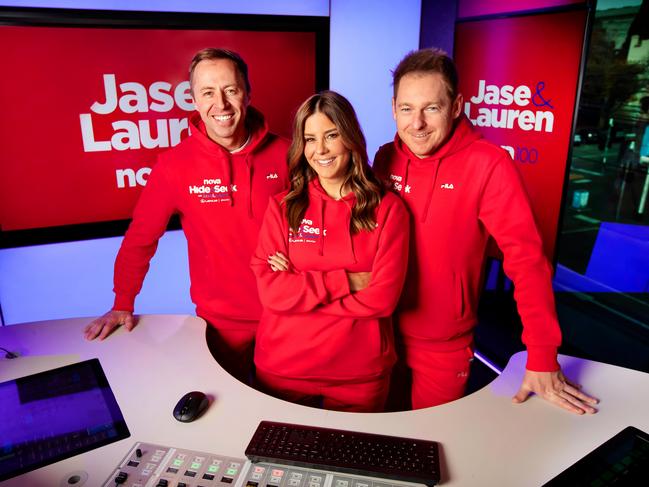 Lauren Phillips, centre, in the Nova studio with Clint Stanaway (far left) and Jase Hawkins. Picture: Supplied