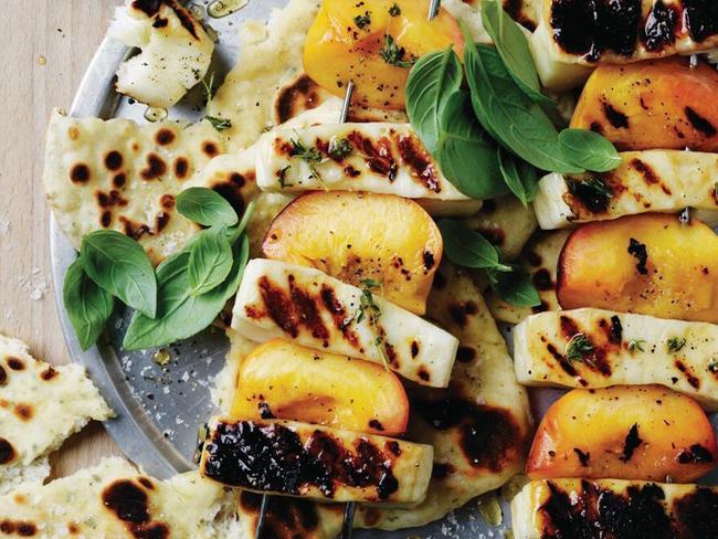 Haloumi and peach skewers with yoghurt pita bread.