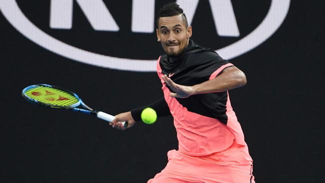 Nick Kyrgios in action against Rogerio Dutra Silva.