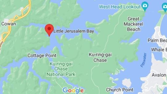 The location where Darren John Blundell, 47, of Baulkham Hills, ran a 12m motor cruiser aground on Cowan Creek in Ku-ring-gai Chase National Park while he was nearly five times over the legal alcohol limit. Picture: Google Maps