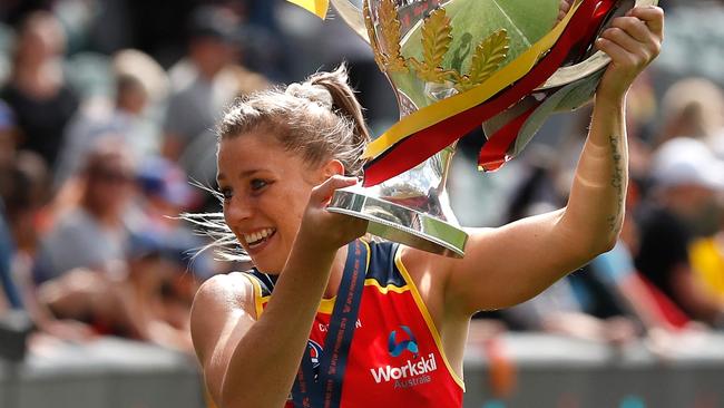 Deni Varnhagen celebrating the Crows’ 2019 AFLW premiership. Pictrue: AFL Photos