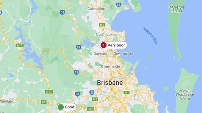 Air quality in Brisbane has plummeted to ‘very poor’ levels due to a nearby backburning operation. Picture: Google Maps