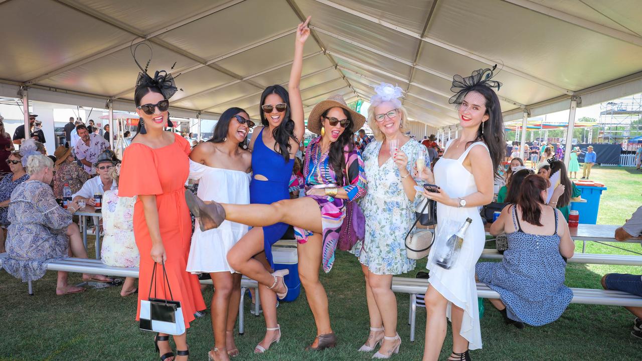 Kristy Applford, Rebecca Buaganza, Jessica Leung, Alice Green , Leticia Bassler and Amanda Bassler at the 2021 Great Northern Darwin Cup. Picture: Glenn Campbell