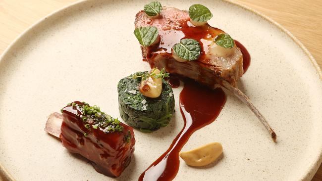 Margra lamb loin with glazed rib, spinach, mint sauce and lamb jus. Picture: Liam Kidston.