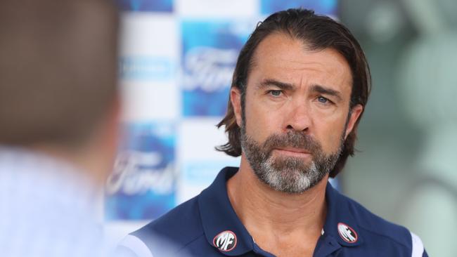 Geelong Cats coach Chris Scott addresses the media at Kardinia Park. Picture: Peter Ristevski