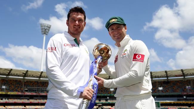 Former South Africa and Australia captains Graeme Smith (L) and Michael Clarke (R) with the ICC Test Championship Mace, the current award for being the best team in the world. Picture: Adam Head.