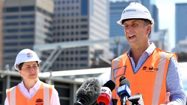 NSW Minister Transport and Roads Andrew Constance and Gladys Berejiklian speak with the media on Sunday. Picture: NCA NewsWire/Bianca De Marchi