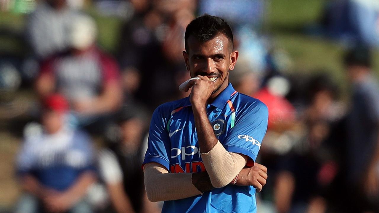 India's Yuzvendra Chahal reacts after bowling during the fourth one-day international 