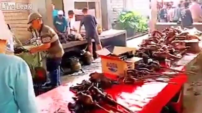 A screengrab of a video shot inside Wuhan’s Huanan Seafood Wholesale Market, a “wet market’’ where exotic animals are kept alive in cages and butchered for meat.