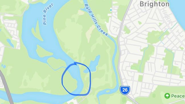 The blue area circled is where Koby was found the second time, with the blue dot at the top of the image denoting the street Koby was taken from. Picture: Supplied