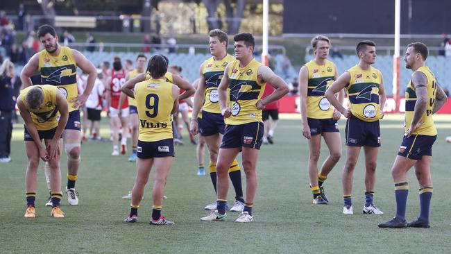 Eagles players after the 2018 SANFL preliminary final. Picture Sarah Reed